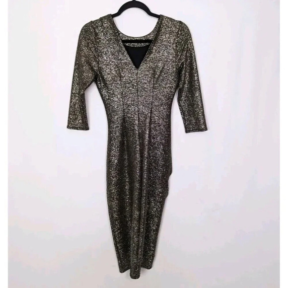 ZARA S Metallic Draped Long Sleeve Dress Runched Gathered Waist Front Slit Bold - Picture 7 of 16